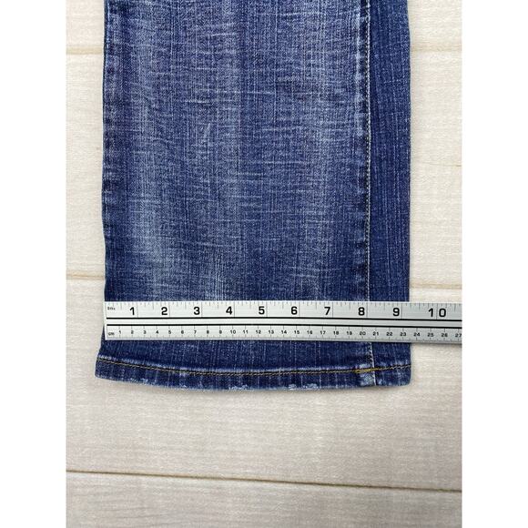 Vtg Hint Jeans Womens 9 Blue Flare Bootcut Low Rise Distressed Pockets Y2K - Picture 7 of 11